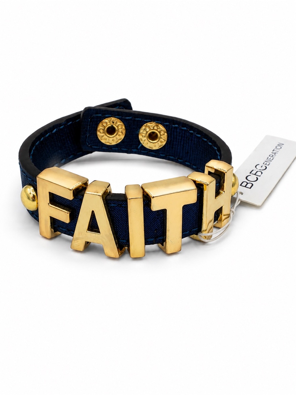 BCBGeneration FAITH Bracelet Gold Letters Navy Blue Faux Leather NWT - Picture 10 of 13